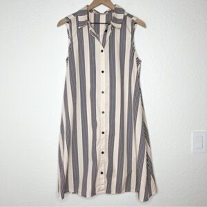 Tucker NYC Shirt Dress Beige Navy Striped Cotton Sleeveless A-Line size Medium
